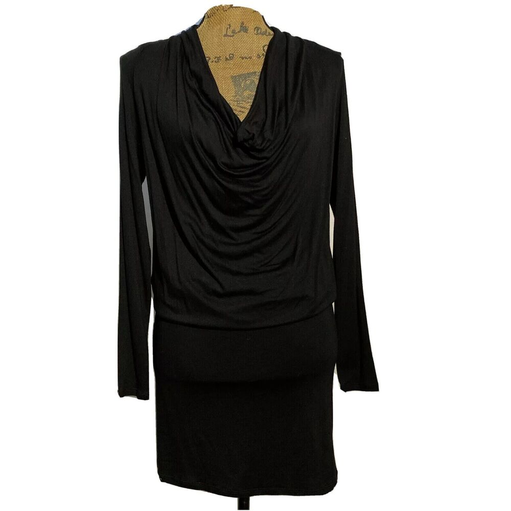 Hourglass Lily Dress XS Solid Black Drape Cowl Neck Slouchy Fit Skirt Long Sl